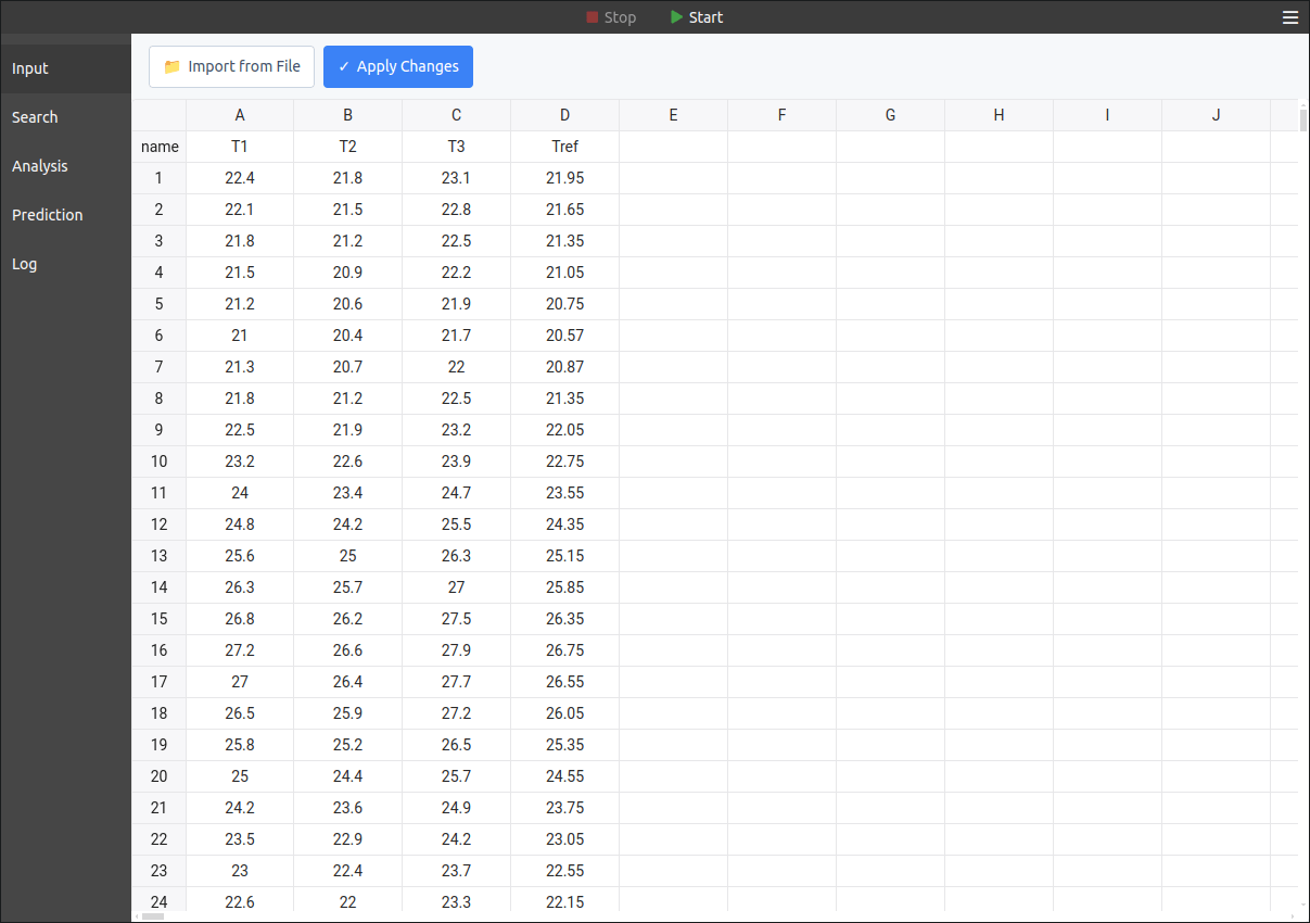TuringBot's data import interface showing temperature sensor data with T1, T2, T3 readings and Tref reference values for calibration
