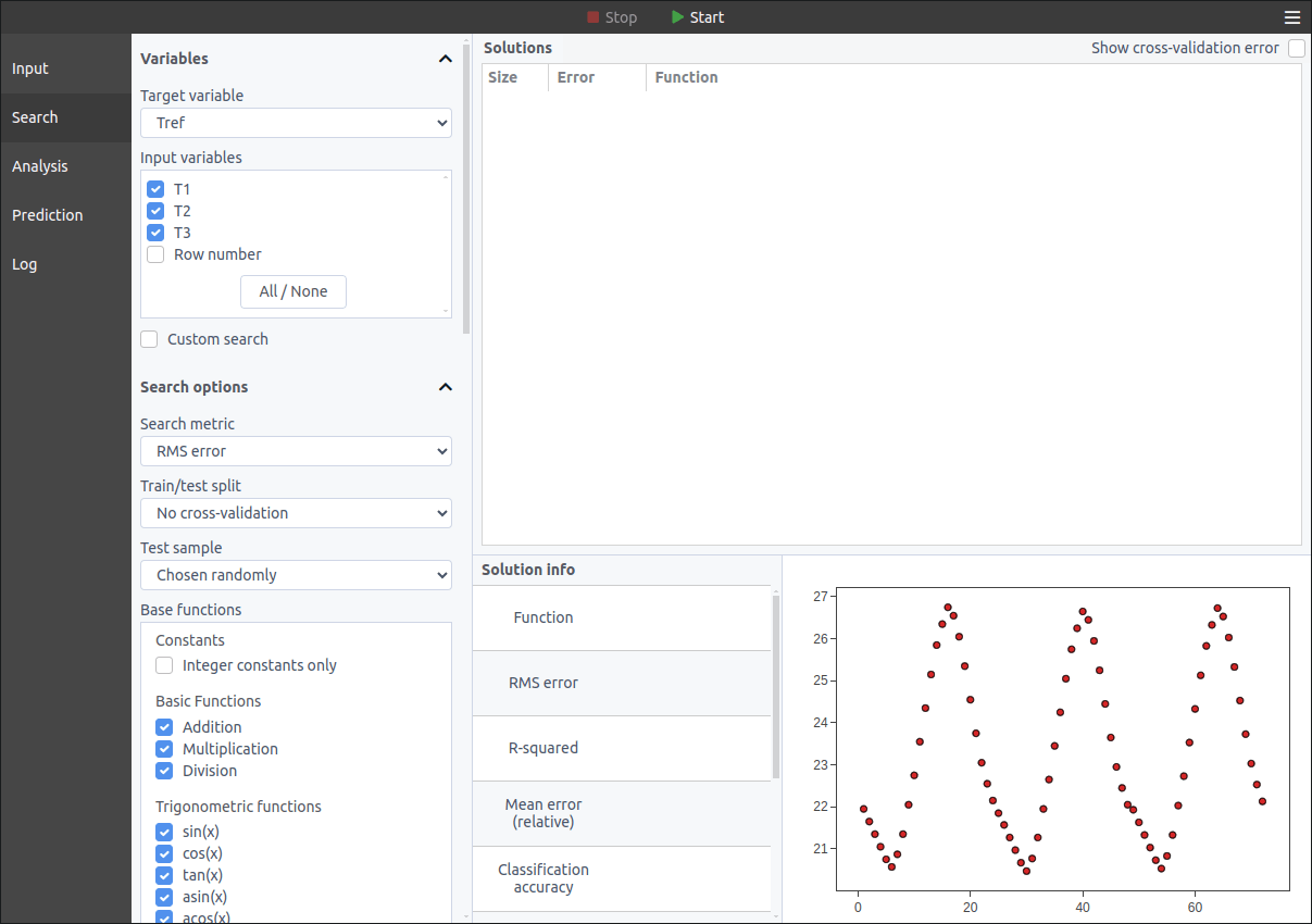 TuringBot's configuration interface for symbolic regression showing input variables T1, T2, T3 and target variable Tref with RMSE scoring