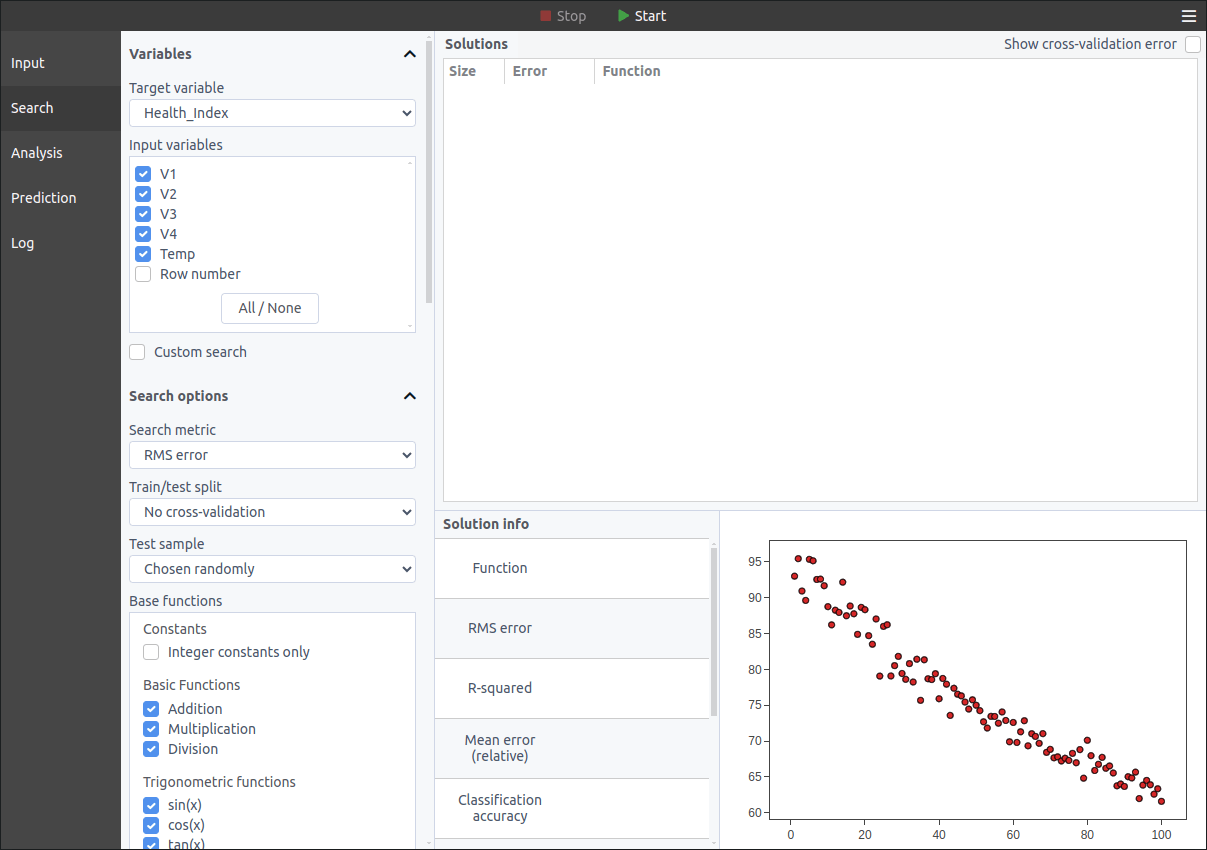 TuringBot's configuration interface for symbolic regression showing input variables V1-V4 and Temp, and target variable Health_Index with RMSE scoring