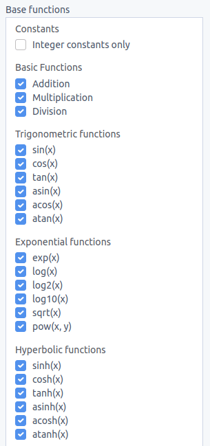 Some base functions that TuringBot uses for symbolic regression.