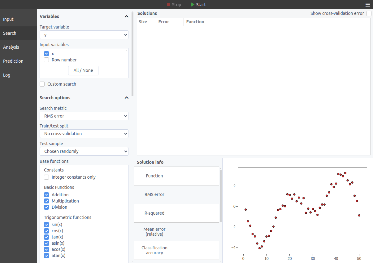 The interface of the TuringBot symbolic regression software.