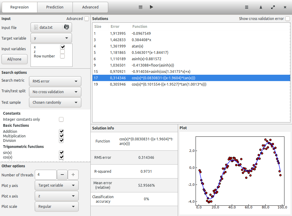 TuringBot’s graphical interface for Symbolic Regression.